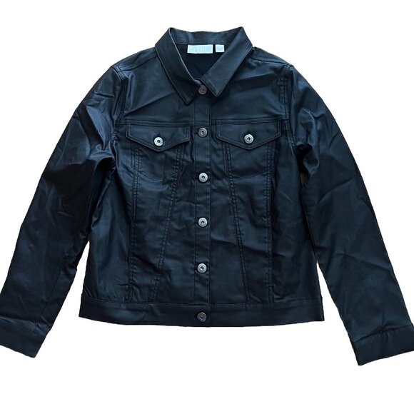 Belle by Kim Gravel ~ Jacket Jean Coated Twill Black Pockets Buttons XS A520293 - Picture 1 of 10